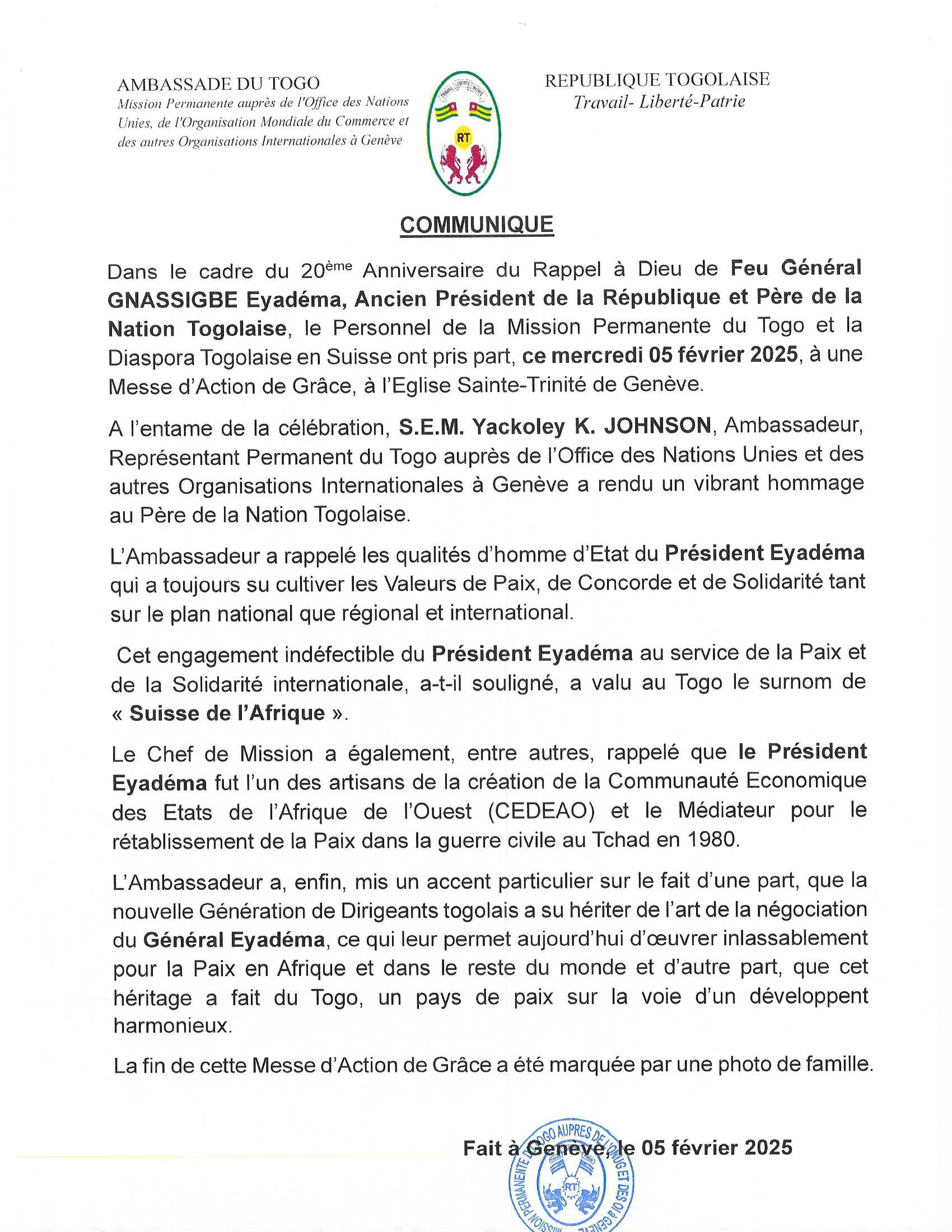 Communiqué Messe anniversaire 20 ans décès de Gnassingbé Eyadèma